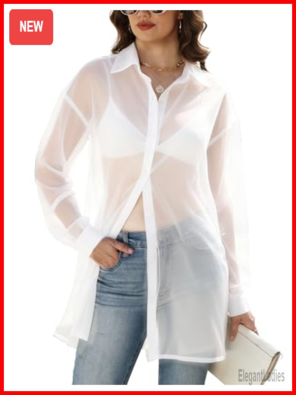 Sheer Chiffon Button Down Blouse Mesh Long Sleeve Top